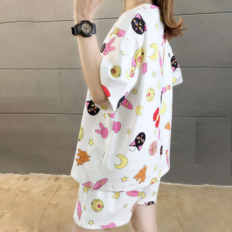 

Cartoon Printed 35% Cotton Women Pajamas Sets O Neck Short Sleeve Elastic Shorts Female Sleepwear 2021 Summer Ladies Nightwear