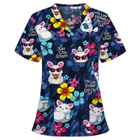scrub tops for women pet shop beauty salon spa uniform print cotton nurse uniforms short sleeve v neck pocket women clothes a50
