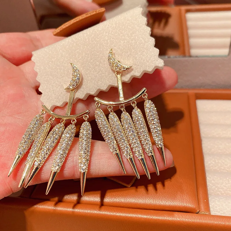 

Fashionable Gorgeous Small Cylinder Inlaid Zircon Long Tassel Earrings Multi-Wear Front and Rear Dual-Wear