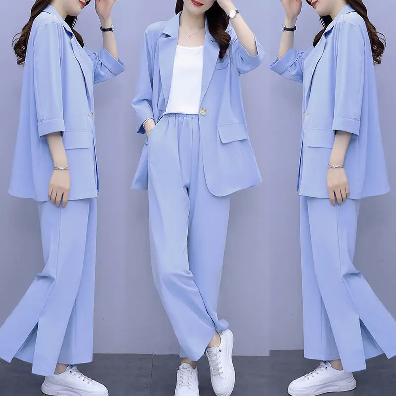 

Women Blazer suit for Spring Autumn Lady Blazer Jacket +Wide leg pants Two-piece set Female Outerwear Plus size Ladies Coat 4XL