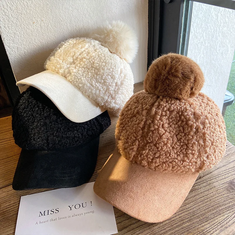 

ZHUOY Winter Baseball Caps for Women Lamb Wool Pompom Visors Hat Solid Warm Autumn Trucker Hat Black Whitethe New Female Hats