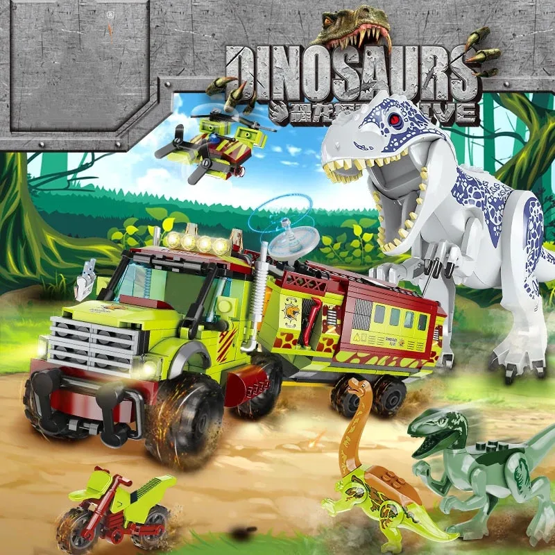 

539PCS Jurasic World Dinosaurs Quest Team Building Block Toys Lepinglys Tyrannosaurus Velociraptor Off-road Vehicle Bricks Toys