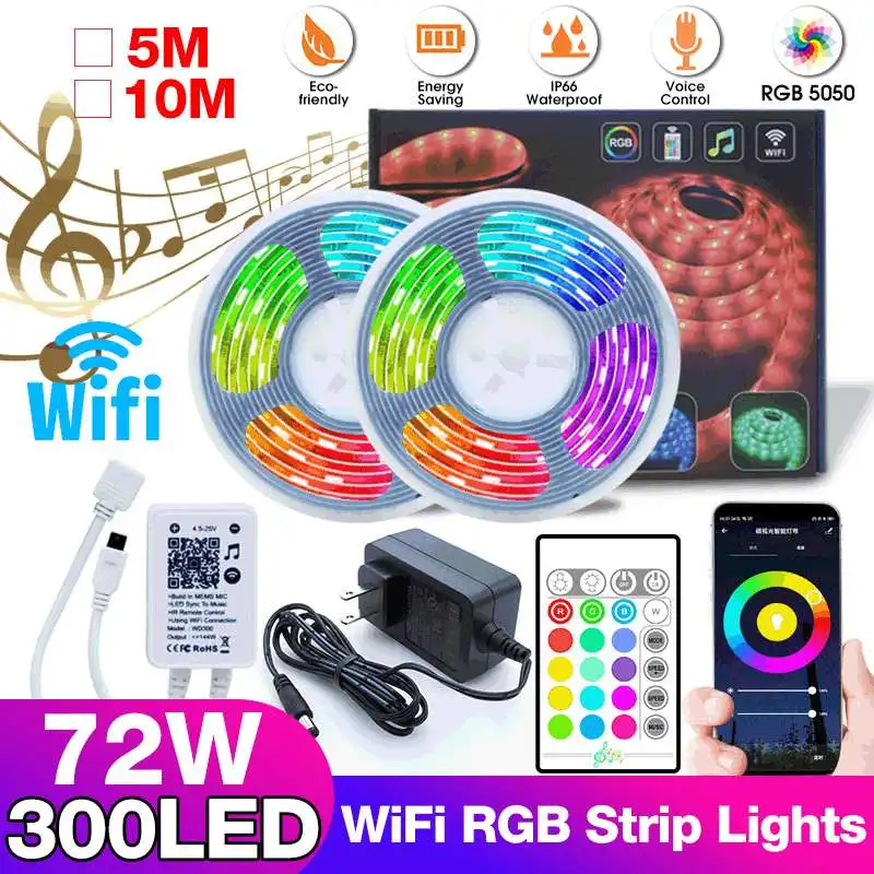 

LED Strip RGB 5M 10M WiFi APP Control Strip Lights IP66 Waterproof Flexible Light Tape with 24 Key IR Remote Controller+Adapter