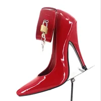 BDSM Sexy Fetish Women Pumps,Ankle Strap Padlocks Shoes for Man,Lock And Key 5" High Heels,Pointed Toe,Plus Size 36-46,Dropship