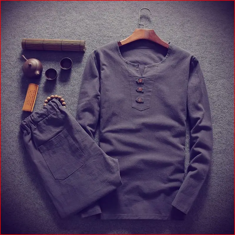 Футболка мужская льняная с длинным рукавом и V-образным вырезом 150 кг | Мужская
