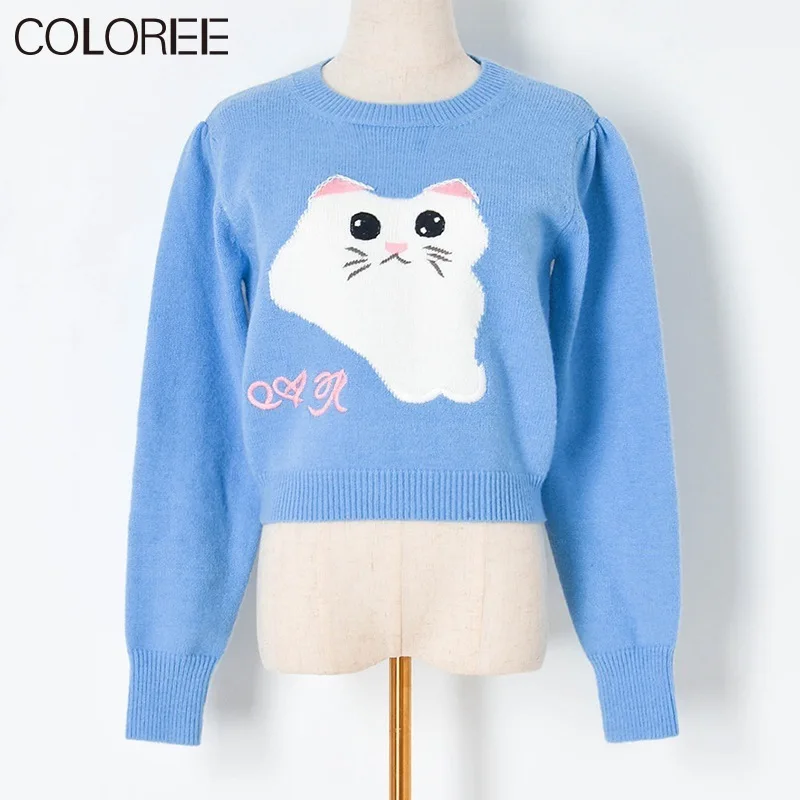 

Женский осенне-зимний жаккардовый свитер с мультипликационным рисунком, модель 2021 года, толстая теплая вязаная повседневная одежда большо...