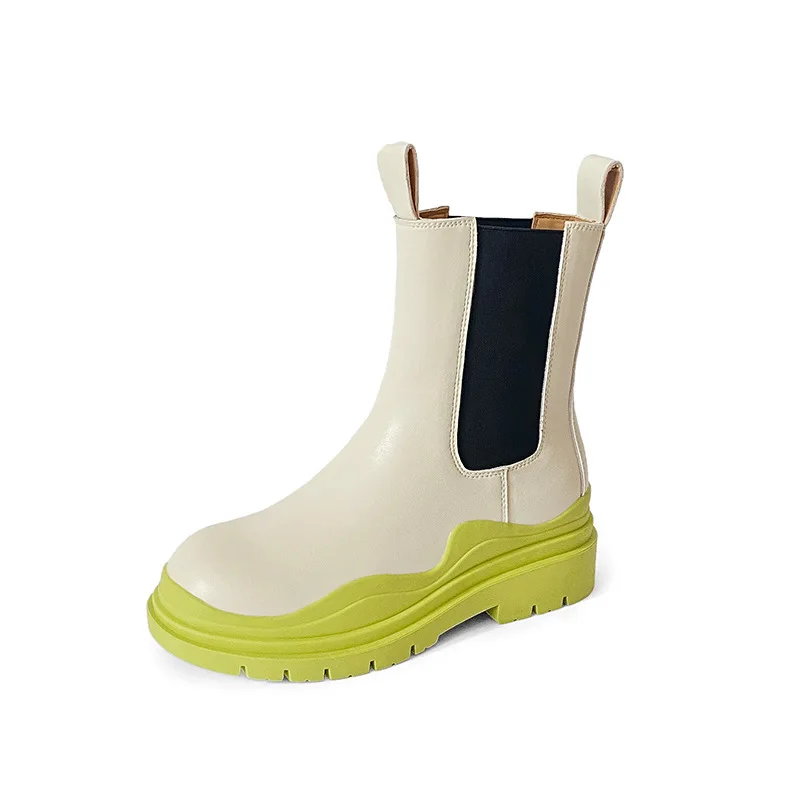 

British Chelsea Boots for Women Black Leather Round Toe Flat Knight Boots Thick Bottom Platform Winter Shoes Woman