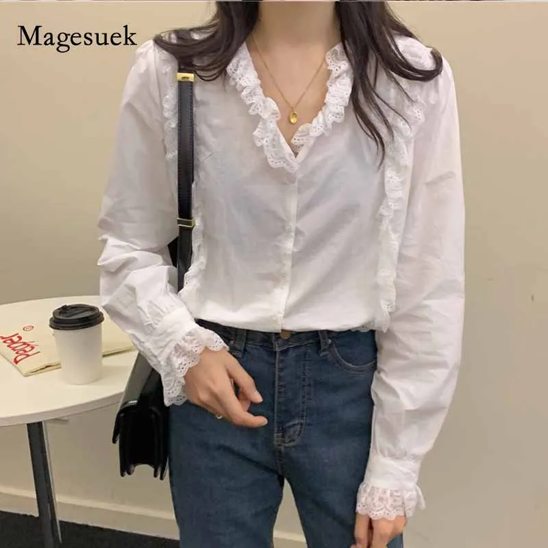 

2020 Autumn All-match Sweet Lace Stitching Long Sleeve Women's Blouse Korean Style V-Neck Solid Puff Sleeve Shirt Blusas 10863