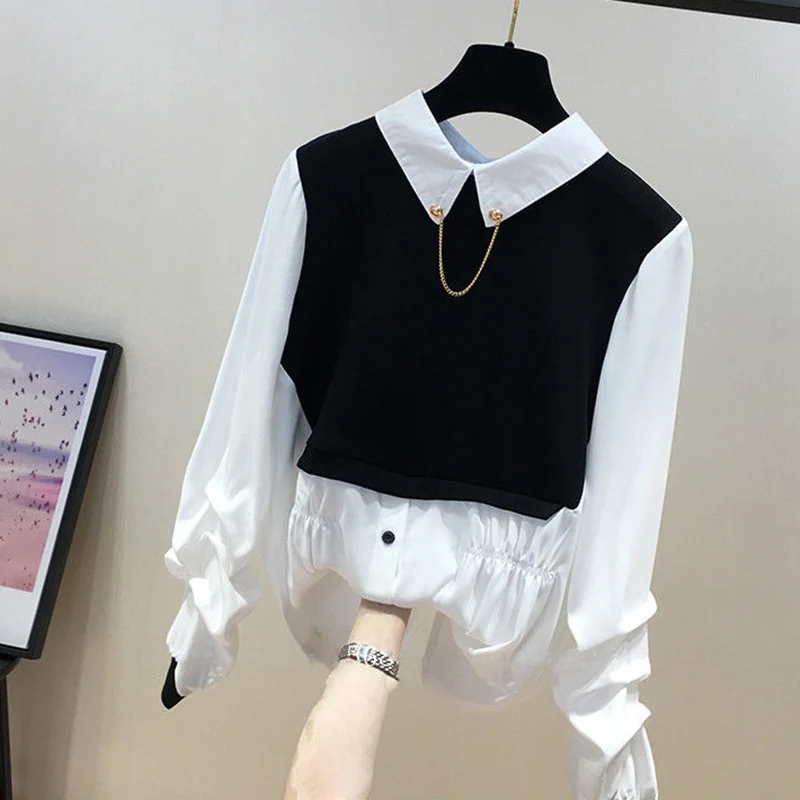 

Spring 2021 New Fashion Pullover Blouse Plus Size Women's Shirt Long Fake Two-piece Shirts Trendy Girl Blouse Jacket 4XL 100KG