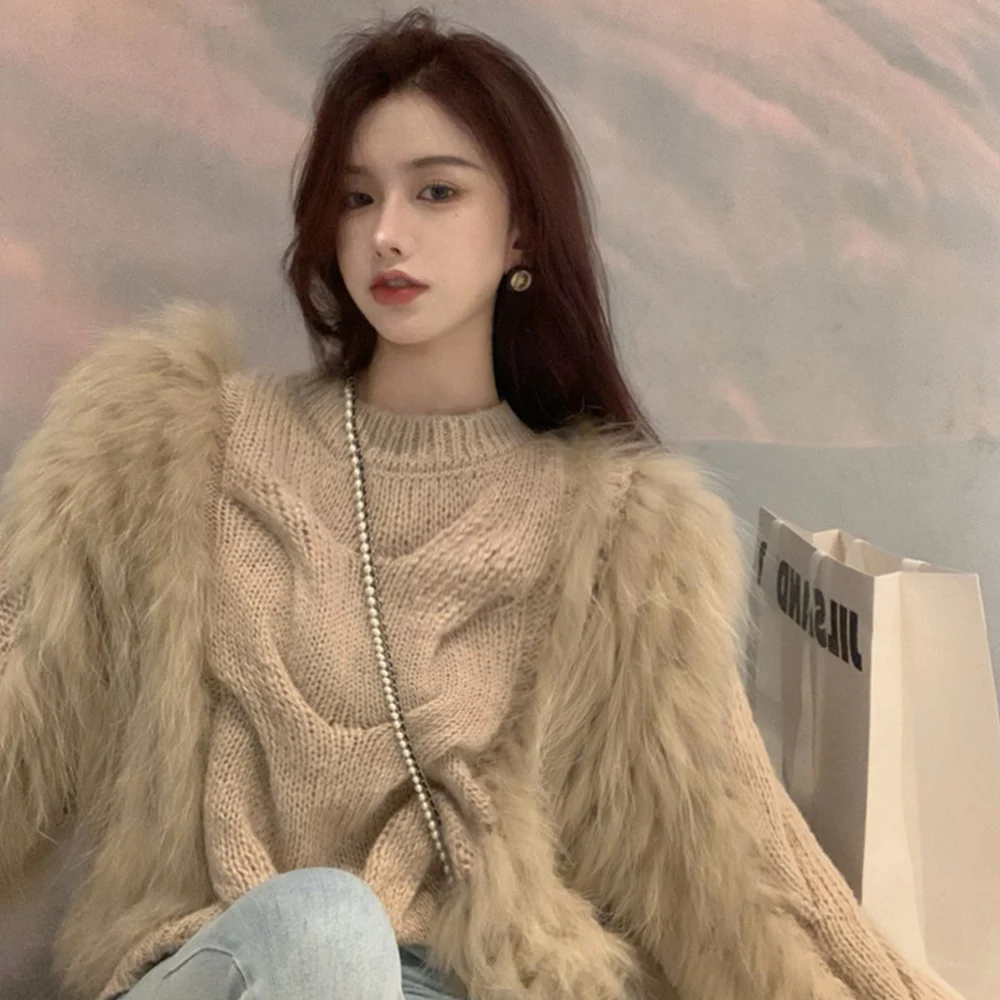 Женский пуловер с мехом вязаный шерстяной свитер в Корейском стиле 2021 | Женская