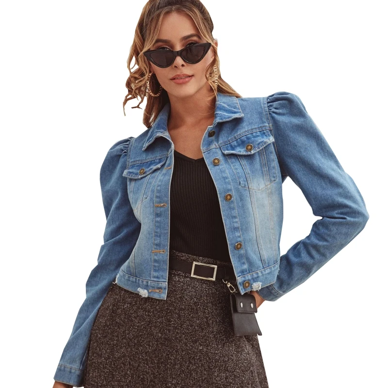 

Women Denim Jacket Long Sleeve Single Breasted Button Down Jean Coat Streetwear BX0B