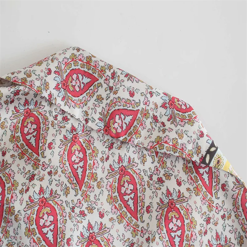 

Summer Print Woman Blouse Shirt Za V-neck Single-breasted Long Sleeve Waist Lacing Shirt Vintage Hem Side Split Shirt