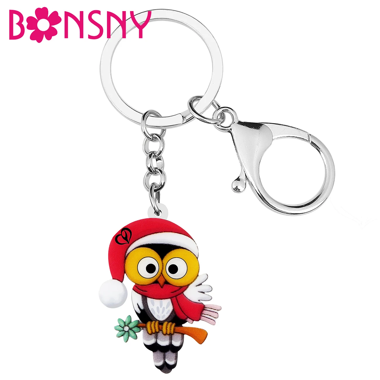 

BONSNY Acrylic Cute Cartoon Christmas Red Hat Scarf Owl Birds Keychains Trendy Car Key Chain Ring Jewelry For Women Teen Gifts