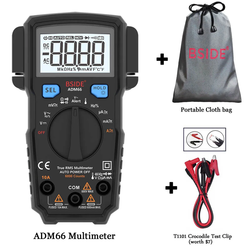 Портативный цифровой мультиметр BSIDE ADM66 Автоматический диапазон True RMS Multimetro DC вольтметр переменного тока Амперметр термометр Ом диод тестер - Цвет: ADM66-T1101-Bag