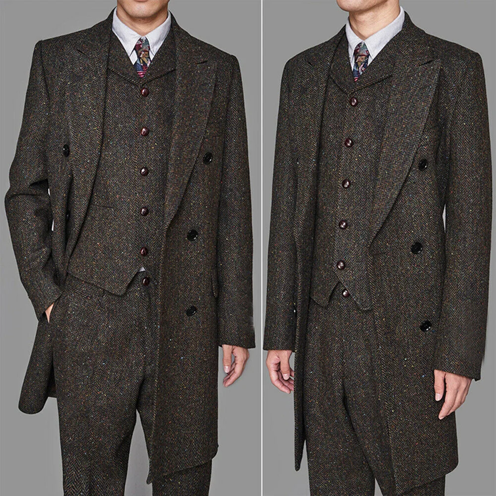 

Coat Winter Long Blazer Brown Mens Suits Formal Wedding Smoking Business Travel Worek Wear Jacket+Vest+Pants 3 Pieces Set Groom