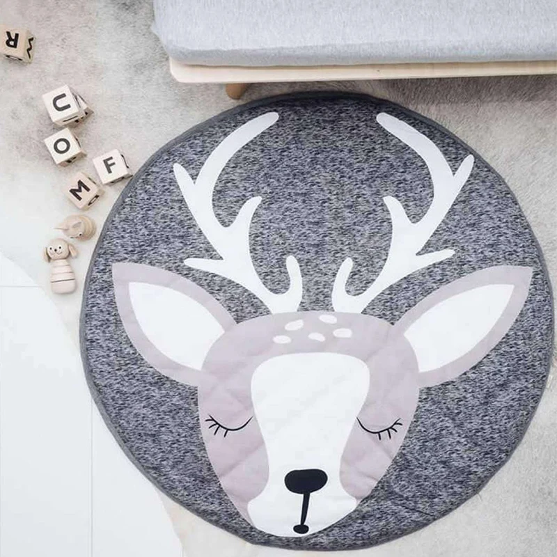 Elk Play Mat Cartoon Animal Baby Mat Newborn Infant Crawling Blanket Cotton Round Floor Carpet Rugs Mat for Kids Room Nursery Decor - Color: Elk
