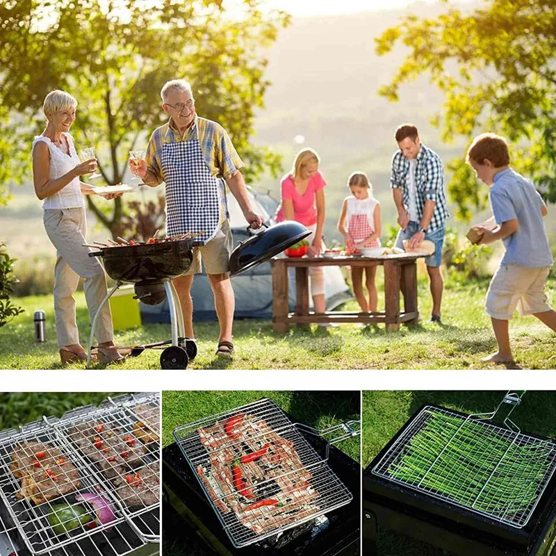 Barbecue Grilling Basket Portable Stainless Steel Grill Folding BBQ Net Accessories with Wooden Handle |