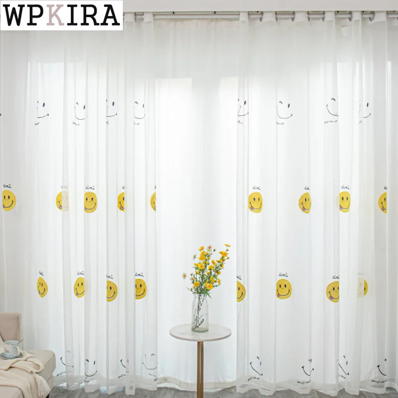 

Cartoon Smiling Face Curtain for Kids Room Bedroom Embroidery White Voile Curtains for Living Room Mesh Sheer Drape S590#C