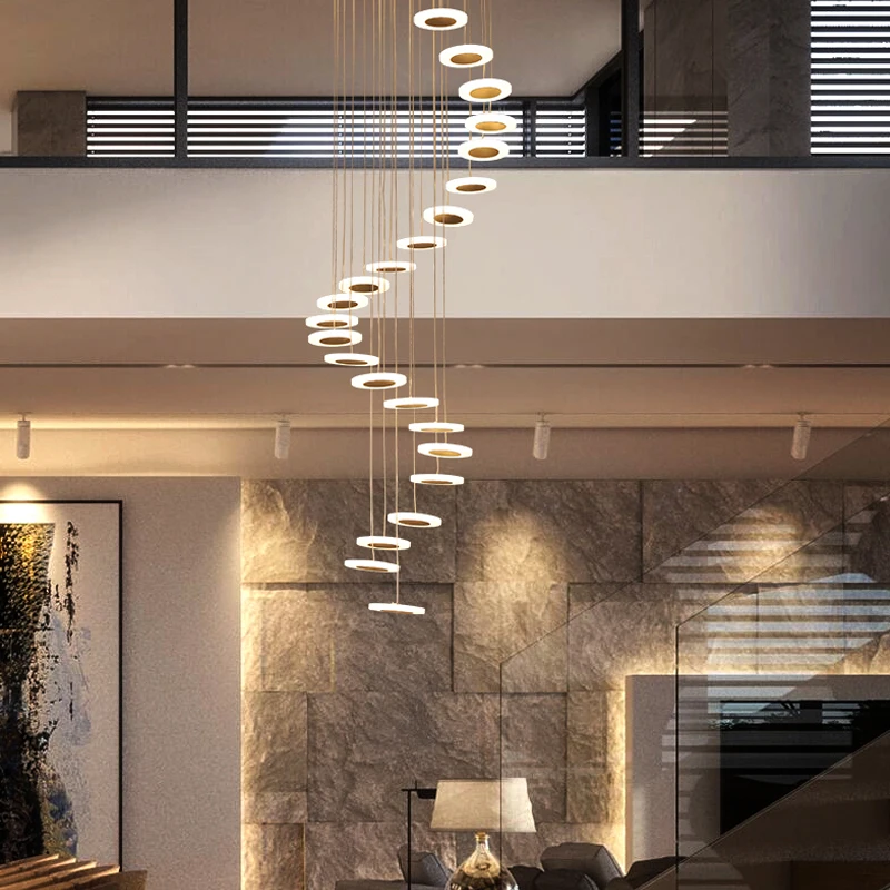 

Modern lights rotating LED staircase chandelier living room hanging lamp Nordic restaurant duplex villa interior lighting