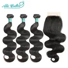 Малазийские объемные волнистые 3 пряди с закрытием 100% Человеческие волосы Remy волнистые Малазийские Волосы пряди с 4x4 кружевной застежкой свободная часть