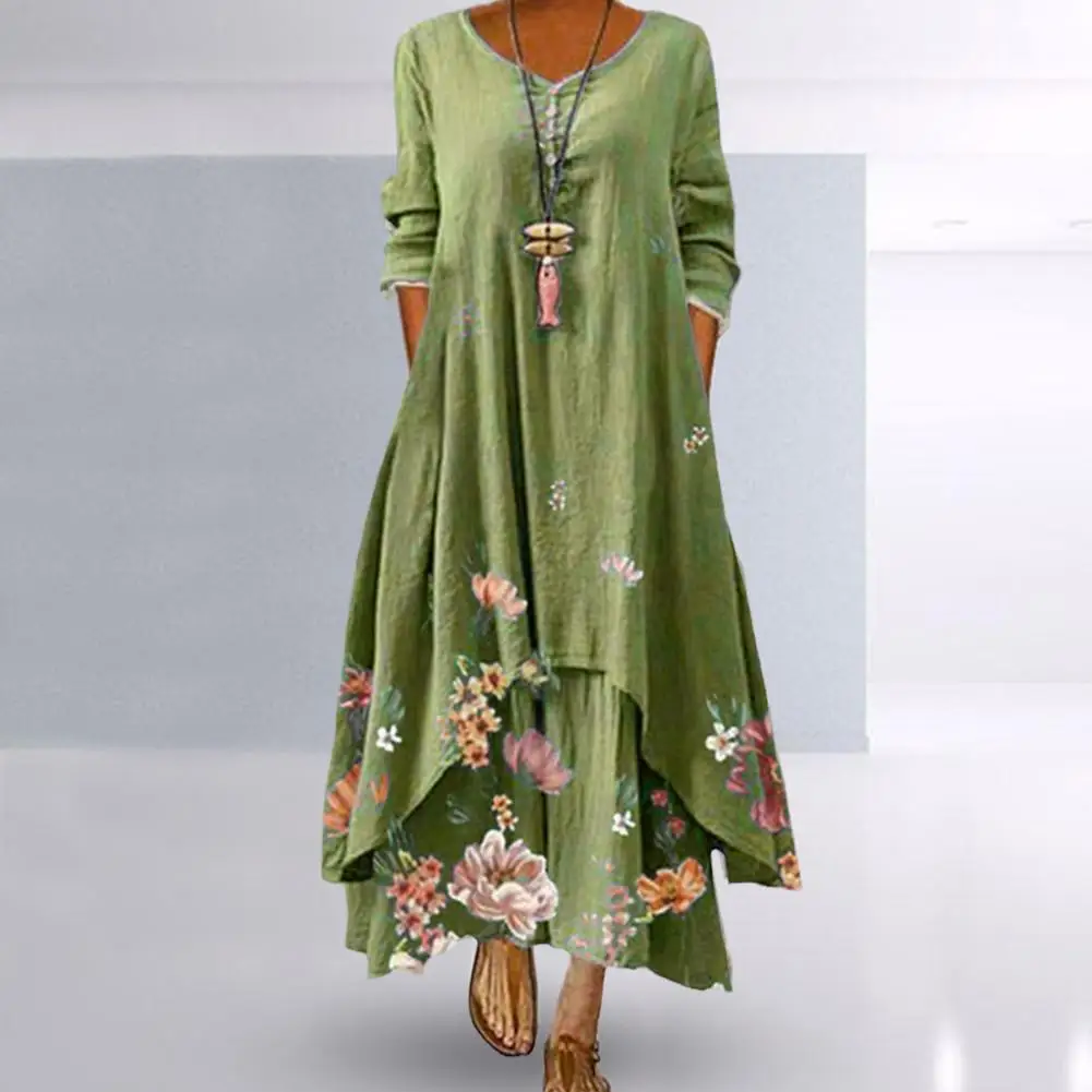 

Dress Summer Floral Printing Dress Style Popular Printed Long Sleeved Round Neck Casual Dress Female with Irregular Hem Ladies