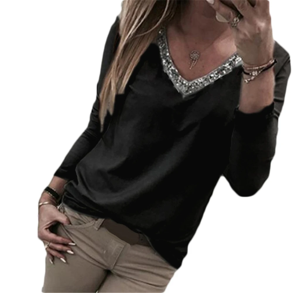 

Autumn Winter Women Casual V-Neck Sequins Loose Color Bloc-k Long Sleeve Blouse Top Coat
