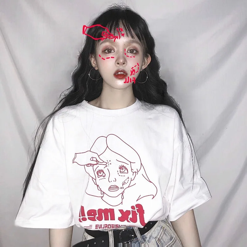 

Korean Loose Girl Top Summer Short Sleeve T-shirt Women White Loose Funny T Shirts Women