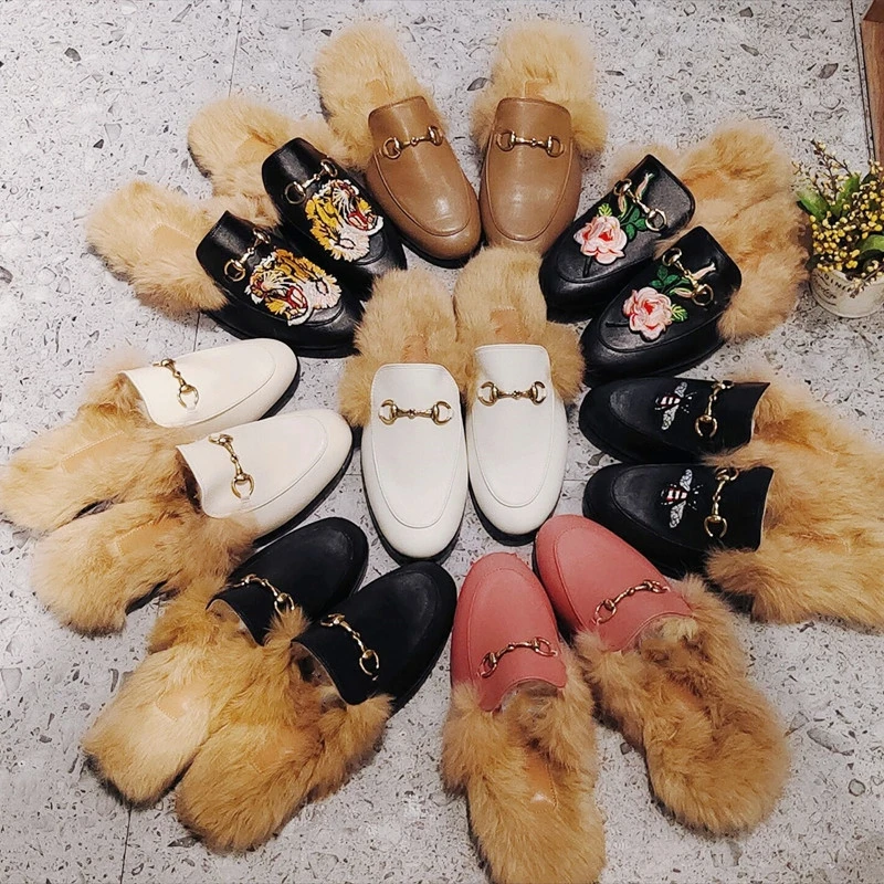 

2021 Ladies Loafers Real Rabbit Fur Slippers