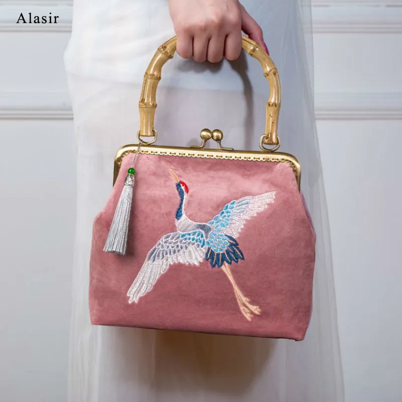 Alasir ретро искусство журавль вышитые велюровые женские сумки с бамбуковой ручкой