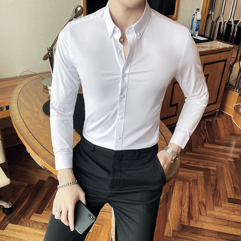 New Top Quality Boutique Business Gentlemen Shirt Men Clothing Solid Simple Slim Fit Long Sleeve Formal Wear Blouse Homme S-3XL