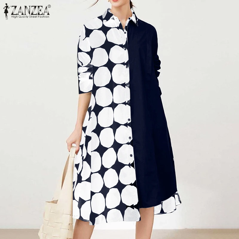 

Holiday Beach Robe Autumn Polka Dots Shirt Dress Women Casual Long Sleeve Lapel Sundress ZANZEA Elegant Printed Patchwork Kaftan
