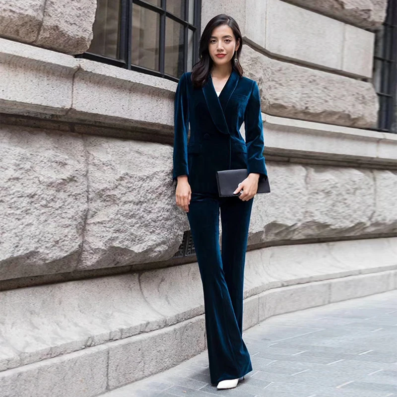 

Бархатные женские костюмы, офисный женский костюм, весна-осень, облегающие Женские Брючные костюмы, куртка и брюки клеш, повседневный Женск...