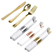 25pcs pre rolled napkin and cutlery set plastic disposable tableware gold rosegold silverware birthday wedding party supplies