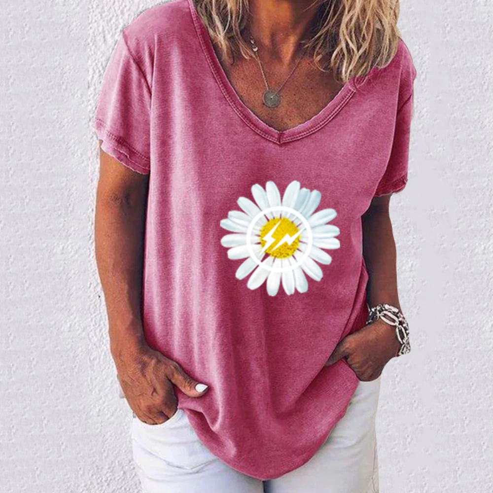 

Plus Size 2020 Summer Women Cute Floral Printed Short Sleeve V-Neck Tops T-shirts Tee Casual Loose Tunic