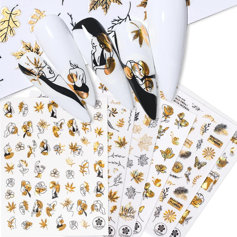 

2 Pcs/lot Autumn Leaf 3D Nail Sticker Black Gold Coconut Tree Leaf Pattern Adhesive Transfer Sticker DIY Nail Decoration