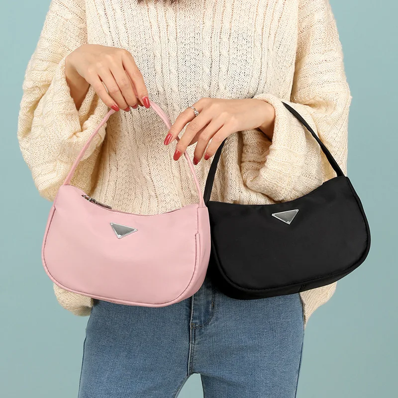 

Women Solid Color Nylon Handbags Totes Bag Ladies Baguette Handbags Fashion Design Girls Small Shoulder Bags