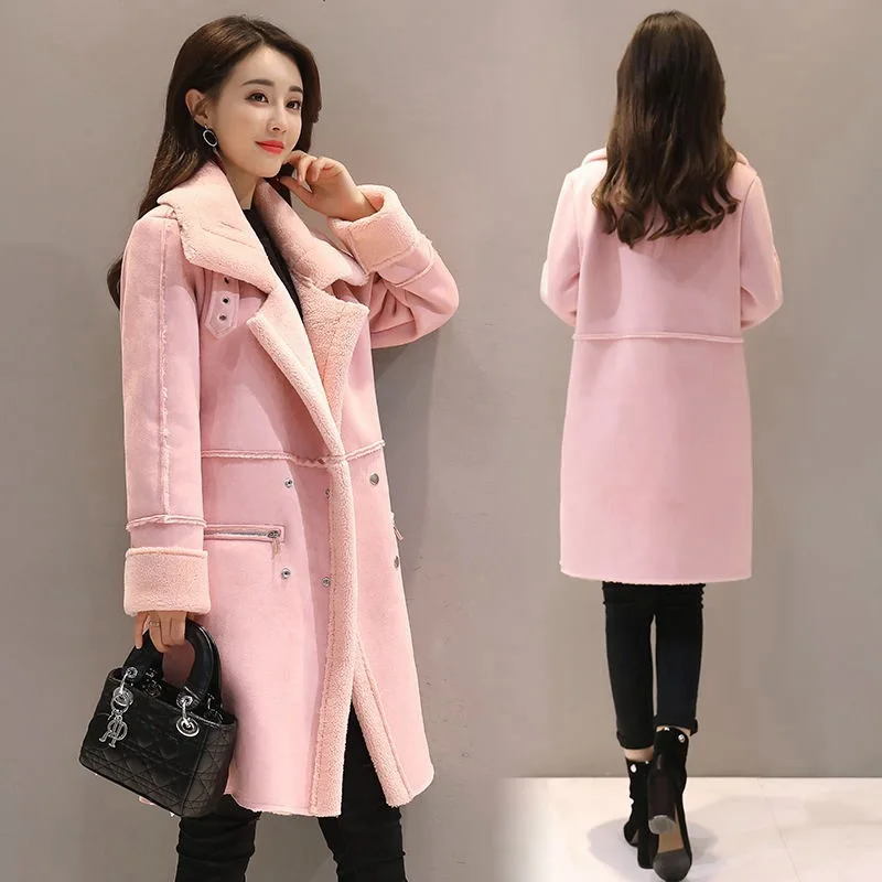 new 2020 winter fashion lamb hair jacket female Korea plus velvet thick coat long section of leather lapel cotton clothes coat A