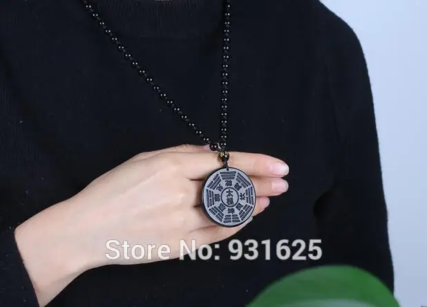 Beautiful Handwork Natural Black Obsidian Carved Chinese TaiJi BaGua Amulet Lucky Pendant + Beads Necklace Fashion Jewelry | Украшения и