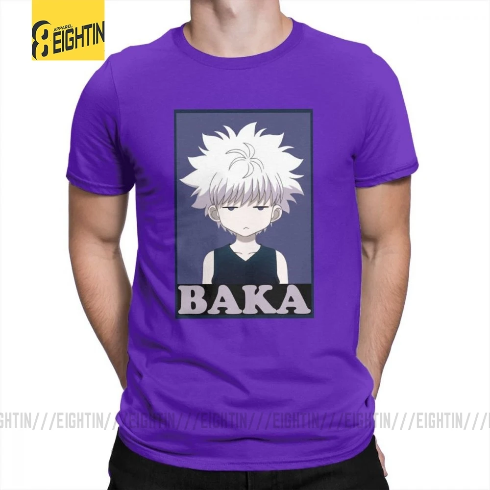 Охотник х Хантер футболки Killua Zoldyck Baka классический комикс о-образный вырез с коротким рукавом классический крой Чистый хлопок футболки мягкие мужские футболки - Цвет: Фиолетовый