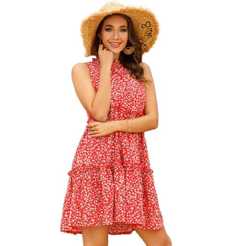 

New Women Summer Dress Floral Chiffon Sleeveless Beach Mini Dress Casual Red Sundress 2020 Fashion Plus Size Dress For Women