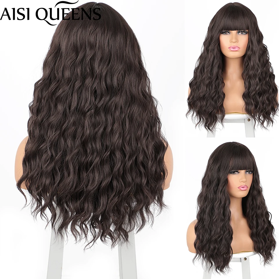 

AISI QUEENS Synthetic Wigs Long Wavy Black Women Wigs with Bangs Red Blue Daily Use Hairs for Party Cosplay