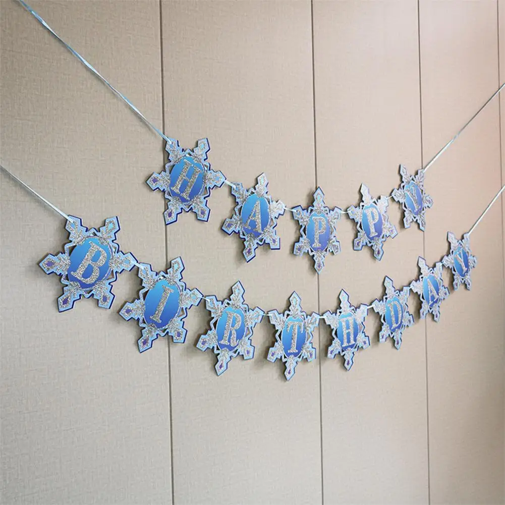 

Paper Happy Birthday Pull Flag Snowflake Shaped Silver Blue Glitter Letter Hanging Garland For Birthday Party Decorations