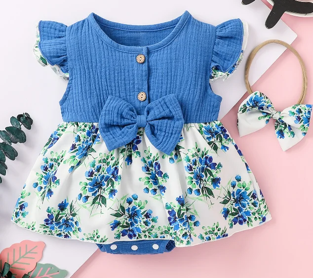 

2 Pcs Newborn Printed Outfits, Baby Girl Fly Sleeve Round Neck Bowknot Button Skirt-like Romper + Headband