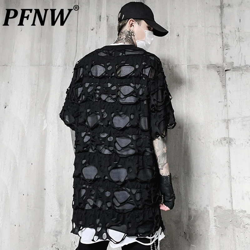 

PFNW High Street Hole Sheer Tulle Short Sleeve T-shirt Men's Hip Hop Fashion Cut Gauze Net Nightclub Bar Loose Cool Tops 12X1296