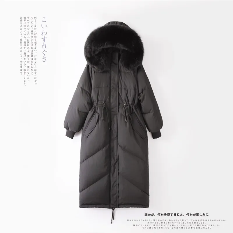 Winter white duck down jacket large fur collar hooded extended zipper cardigan long sleeve coat thickened gray straight jacket