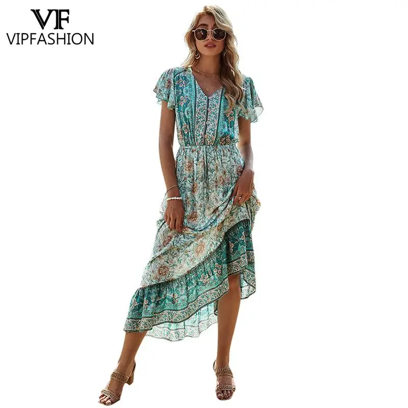 

VIP FASHION 2021 Elegant Women Dress Sexy V-neck Streetwear Clothes Spring Summer Casual Travel Party Green Long Dress