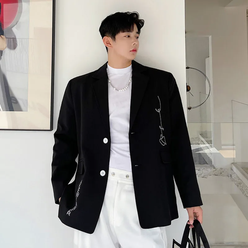 

IEFB Men's Korean Trend Black Suit Jackets 2021 New Casual Temperament Chic Single Breasted Print Blazer Long Sleeve Tops 9Y7765