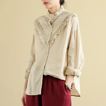

Spring New Model Top Women's Artistic Stand Collar Wooden Ear Stitching Loose Temperament Linen Shirt Women