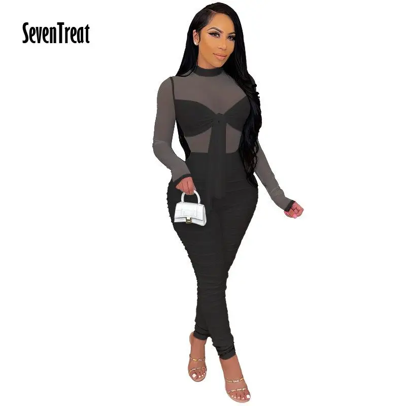 

Long Sleeve Jumpsuit Woman Summer See Through Overalls Romper Bandage Bodycon Female Jumpsuits Sexy Casual Clubwear Clothing