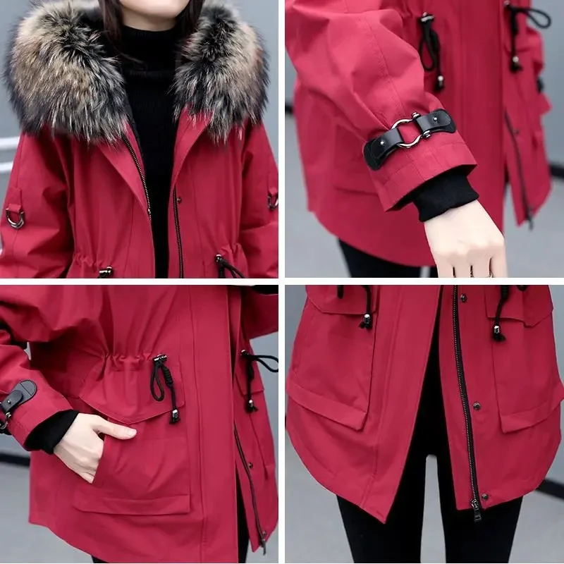 

Autumn/Winter New Detachable Parkas Coat Women's Imitation Fur Large Size Korean Thickened Pleated Black Jacket Big Fur Collar